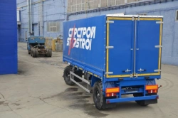 Trailer Politrans 84282-032. In version: platform with decking, with sides, with frame and awning, with pneumatic suspension.