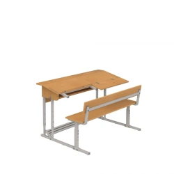 Double-seat pupil's desk with height and table top angle adjustable with a bench