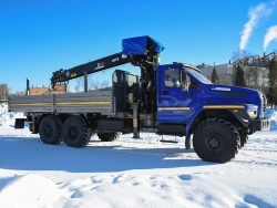Special purpose vehicle with hydraulic loading crane of KMA type on the basis of URAL 4320 and its modifications U0K02N-4Z025