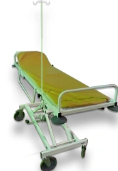 Patient transport trolley with adjustable platform height and hinged side and end guards TPBR - "Diakoms" po