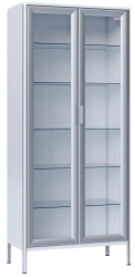 Double-leaf medical cabinet with glass shelves, glass doors with aluminium profile edging, aluminium body