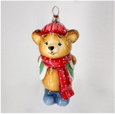 Handmade glass Christmas tree toy "Bear with gift"