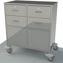 Anaesthesiologist's mobile table with table top, drawers and shelves made of stainless steel on the side, for storing supplies