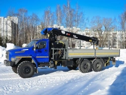 Special purpose vehicle with hydraulic loading crane of KMA type on the basis of URAL 4320 and its modifications U0K02N-U9
