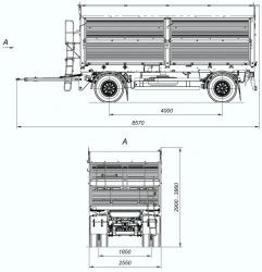 Biaxial cargo trailer 8465 with axles HJD13Y30S18-1840T16-060 with load capacity of 12 tonnes.