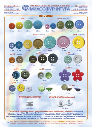 Glass-Filled Polyamide Button, 14mm, 4-Hole, Assorted Colors