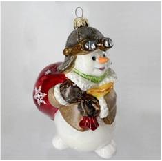 Handmade glass Christmas tree toy "Snowman-pilot"