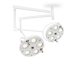 Medical LED surgical luminaire with ceiling mount (ceiling-mounted double-dome, two 5-module luminaires, two 5-modules)
