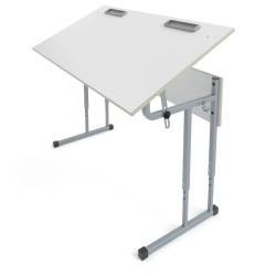 Pupil's table two-seater adjustable with adjustable slope of the table top