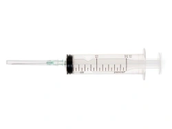 Luer type sterile single-use three-component injection syringe of 20ml nominal capacity with 21G x 1 needle.