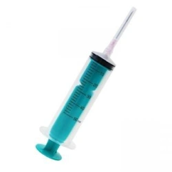 Single-use three-detail sterile injecting syringe with Luer-Lok tip, 50 ml capacity, with injection needle.