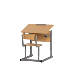 Single-seat height-adjustable pupil's desk with adjustable table top angle