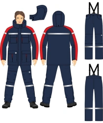 Women's suit against thermal risks of electric arc, low temperatures, general industrial pollution and mechanical damage.