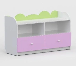 Shelving unit low "Houses". Size (w x d x h): 1200 x 400 x 680mm. With grass/ 2 drawers. (Furniture for kindergartens brand "Int