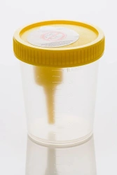 Disposable medical polymer sterile 100 ml container with built-in holder for vacuum tube with screw-on lid