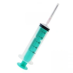 Single-use three-detail sterile injecting syringe with Luer tip, 50 ml capacity, with injection needle.