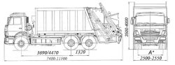 Garbage truck BM-7028-73 on KAMAZ 65115 chassis in 65115-A5, 65115-50, 65115-RR, 65115-RS modifications.