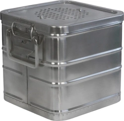 Sterilisation rectangular boxes with filters for placing dressing material, surgical linen, medical instruments.