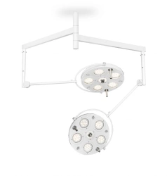Surgical medical LED two-dome luminaire with ceiling mount (ceiling mounted two-dome, 5-module, 5-module, 6-module)
