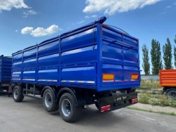 Grain wagon trailer type 85335, modification 853351. Flatbed metal flatbed trailer with folding rear and side walls TC RU E-RU