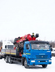 Special purpose vehicle with hydraulic loading crane of MKMA type on the basis of KAMAZ 65117 and its modifications 64K06N-UL