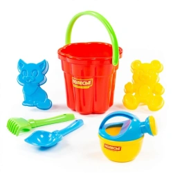Set No. 166: flower bucket, shovel No. 5, rake No. 5, moulds (kitten + bear), small watering can No. 4, Item No. 4986.