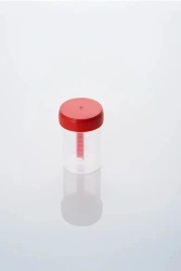 Disposable medical polymer non-sterile 60 ml container with screw cap and fixed spoon