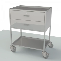 Tables with a table top and drawers from stainless steel and with a handle for movement on a sidewall, for transportation of dre