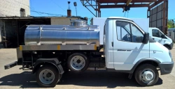 Tank truck for transporting food liquids of type 2790 modifications 2790-0000010-?8 on the basis of GAZ-3302 chassis.