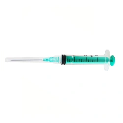 Single-use three-detail sterile injecting syringe with Luer-Lok tip, 3 ml capacity with injection needle.