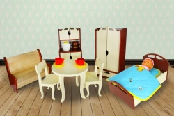 Furniture for doll "Mashenka" (cupboard, sofa, bed, wardrobe, table and two chairs).
