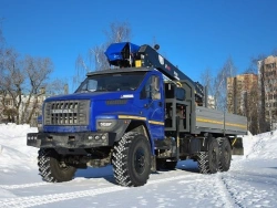 Special purpose vehicle with hydraulic loading crane of KMA type on the basis of URAL 4320 and its modifications U0K00N-4L200