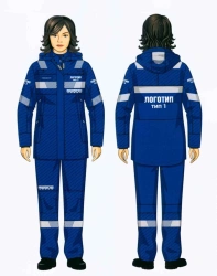 Women's suit (jacket, overalls) in Gazprom Neft corporate style to protect workers from exposure to oil and oil products.