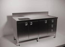 Shipboard metal furniture. Marine working table with three washing tubs RBPG