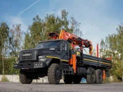 Special purpose vehicle with hydraulic loading crane of KMA type on the basis of URAL 4320 and its modifications U0K02N-4L240