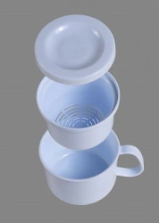 Polymeric containers with perforated tray and lid for pre-sterilisation cleaning, chemical disinfection and sterilisation.