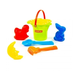 Set No.140: small bucket with spout, flower strainer, trowel No.2, rake No.2, moulds (hare + horse + month), Article No. 2883