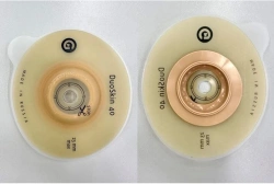 Rehabilitation device for stomical use in colostomies, ileostomies and urostomies: flat plate, convex plate.