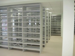 Stationary metal shelving units
