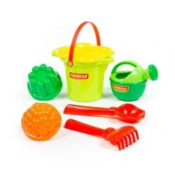 Set No. 349: Small bucket with spout, flower strainer, trowel No. 2, rake No. 2, 2 moulds, small watering can No. 3, article No.