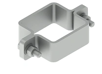 Clamp of support bracket fixing on square section pipes BSOS 00x00, with overall dimensions from 34,5x117 mm to 44,5x137 mm.