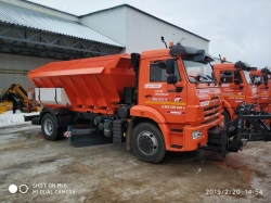 Combined road machine KDM-7881030 on KAMAZ 43253 chassis with sand and salt spreading, watering, ploughing and brushing machines