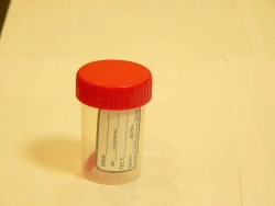 Polymer container for bio-samples, disposable, sterile-KOP 60ml/K with label and spoon