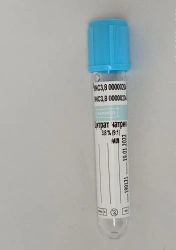 Vacuum tube for venous blood collection "BERIMED", filler Sodium Citrate, 3,8% (9:1), size 13x75 mm, volume 0,9 ml.